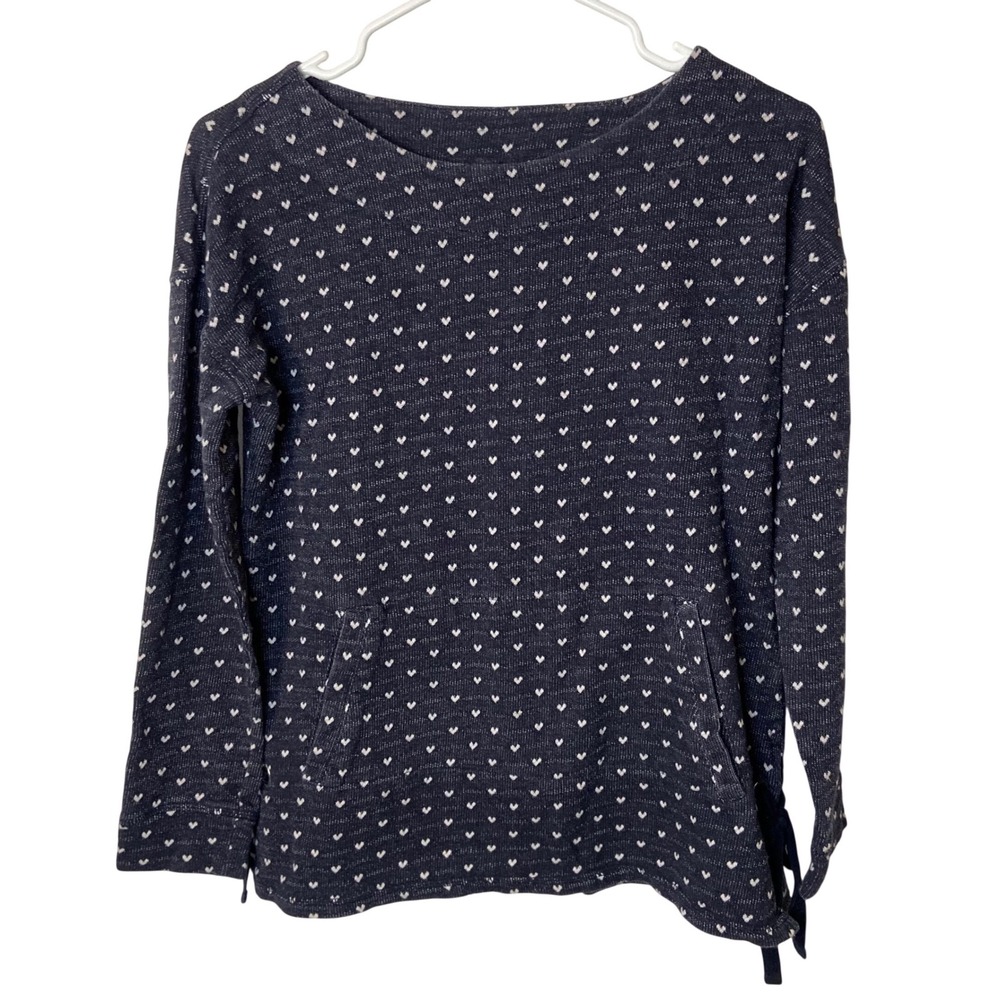T by Talbots Womens Small Navy Heart Print Long Sleeve Knit Top Side Tie‎ Cotton